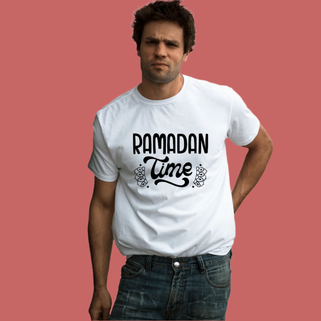 Ramadan Time Islamic T-Shirt, White Cotton, Decorative Design